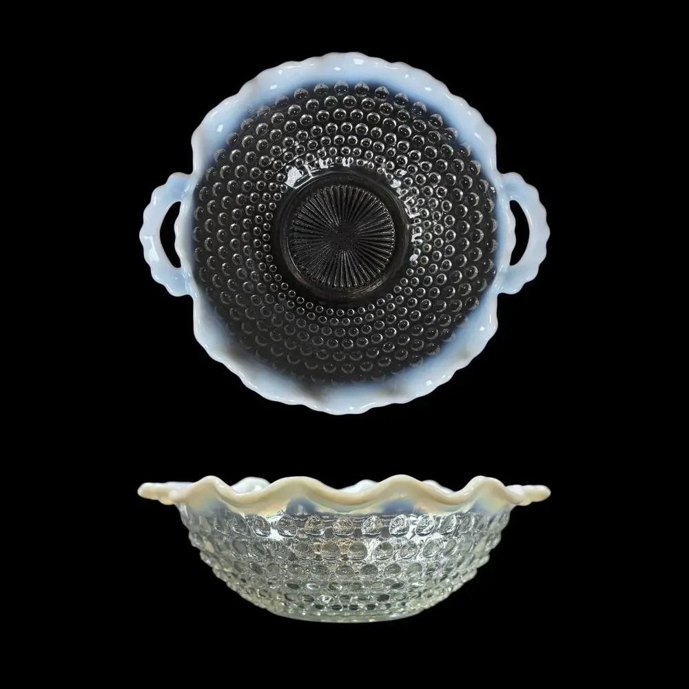 Vintage Anchor Hocking Hobnail Moonstone Opalescent Ruffled Glass Bowl w Handles